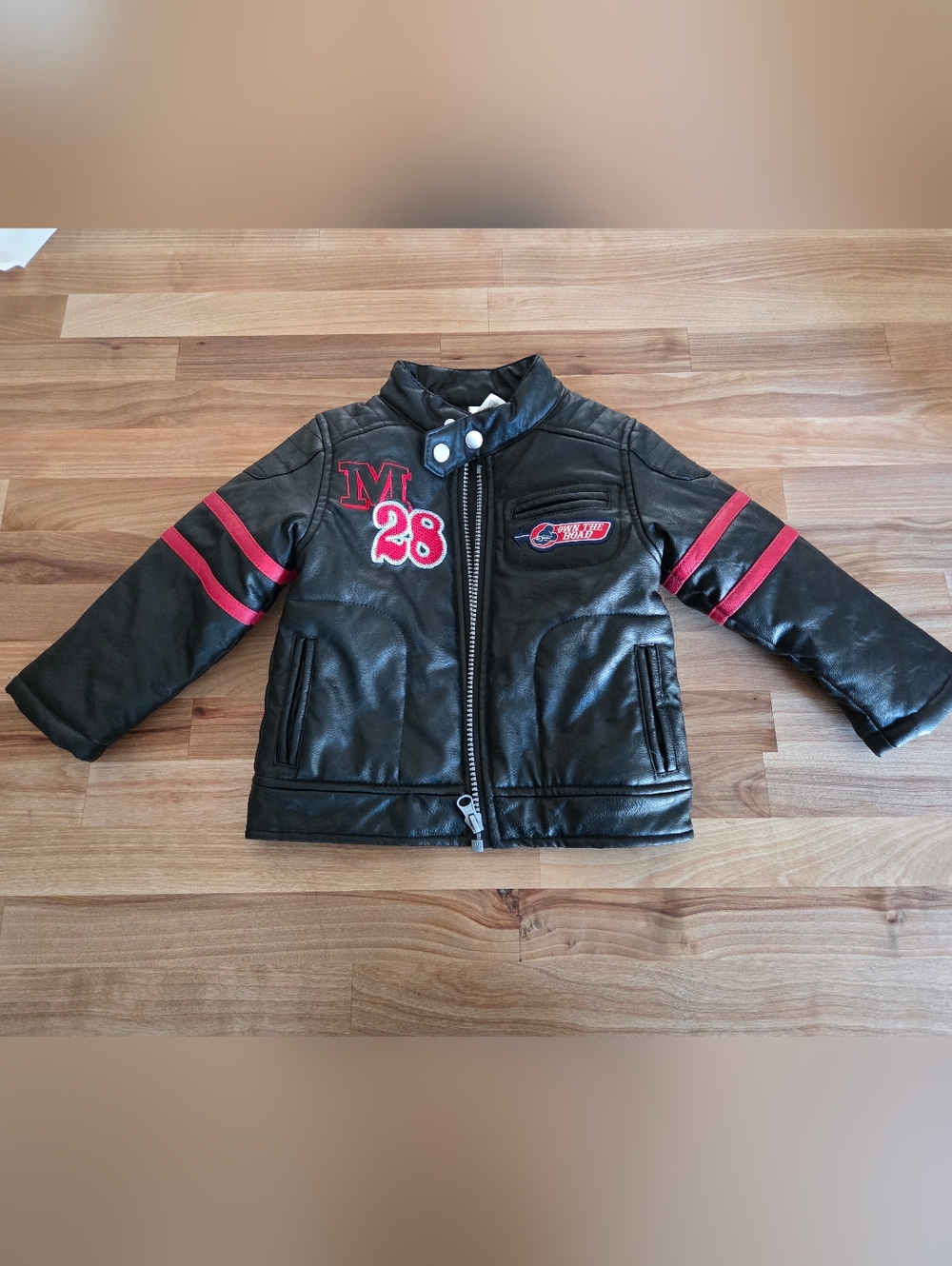 Disney Baby Black Faux Leather Infant Jacket with Red Racing Details